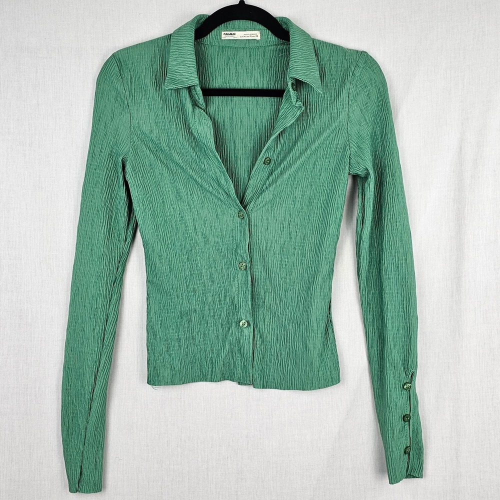 Pull‎ & Bear Textured Button Down Shirt Green Long Sleeve Collared Women Size M